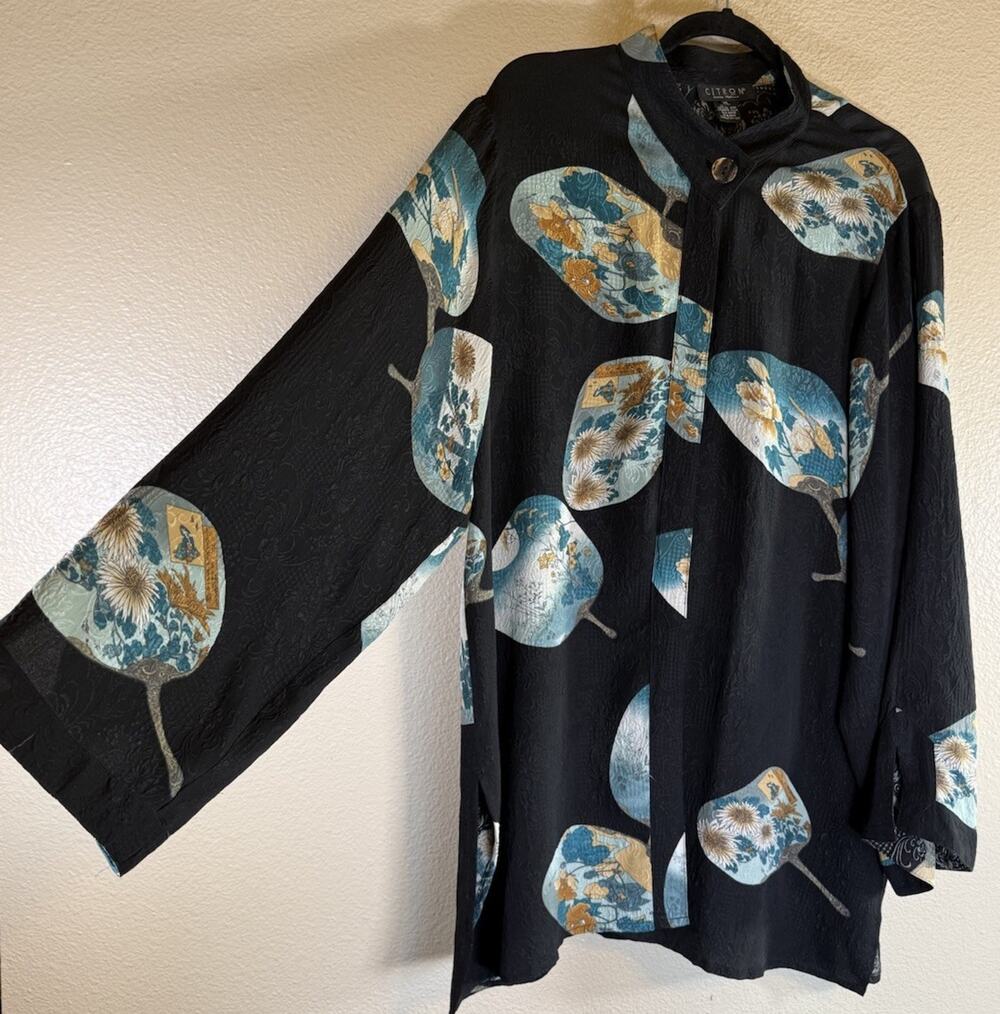 Citron Santa Monica XL 100% Silk Black Floral Fans Asian Inspired Blouse Tunic